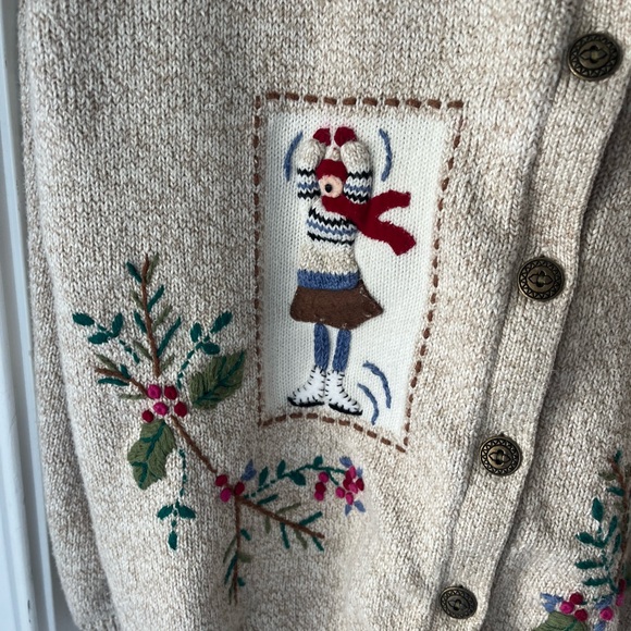 Alfred Dunner cotton ramie Beige Cardigan with Festive winter Embroidery - Picture 5 of 9